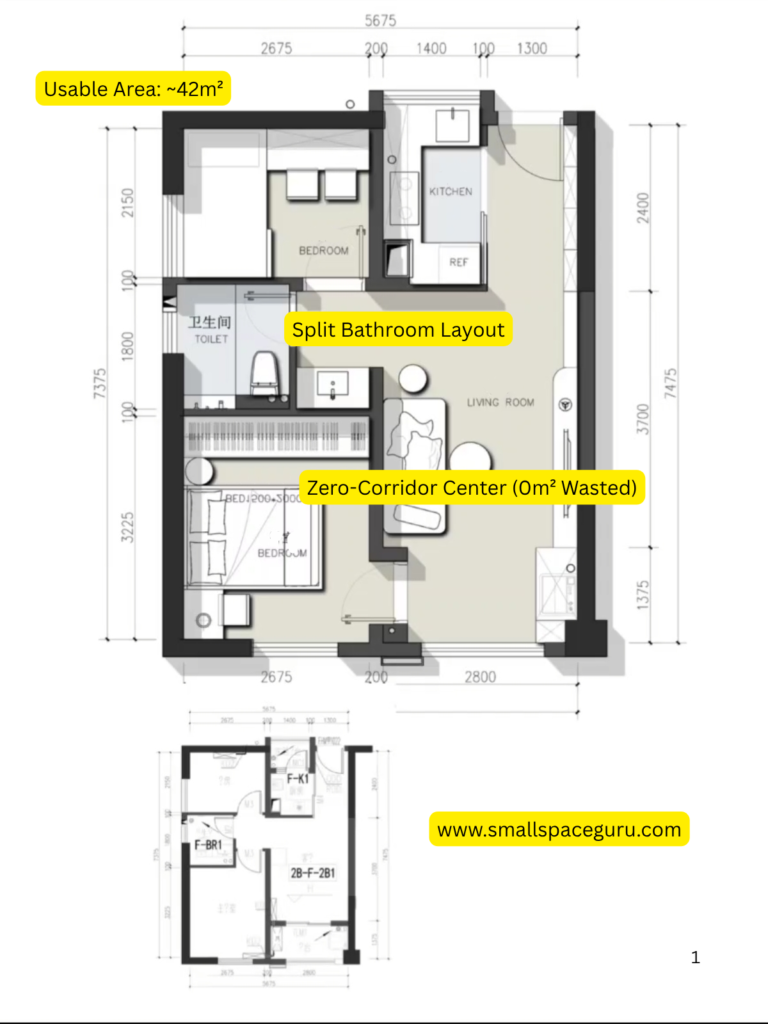 42m2 zero-corridor 2-bedroom floor plan layout with split bathroom for small space optimization