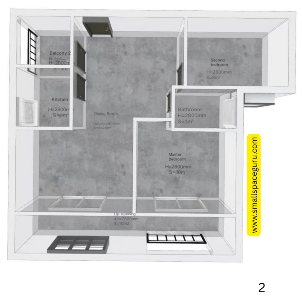 An initial 3D isometric structural view that helps in pre-planning traffic flow and window placements before arranging furniture