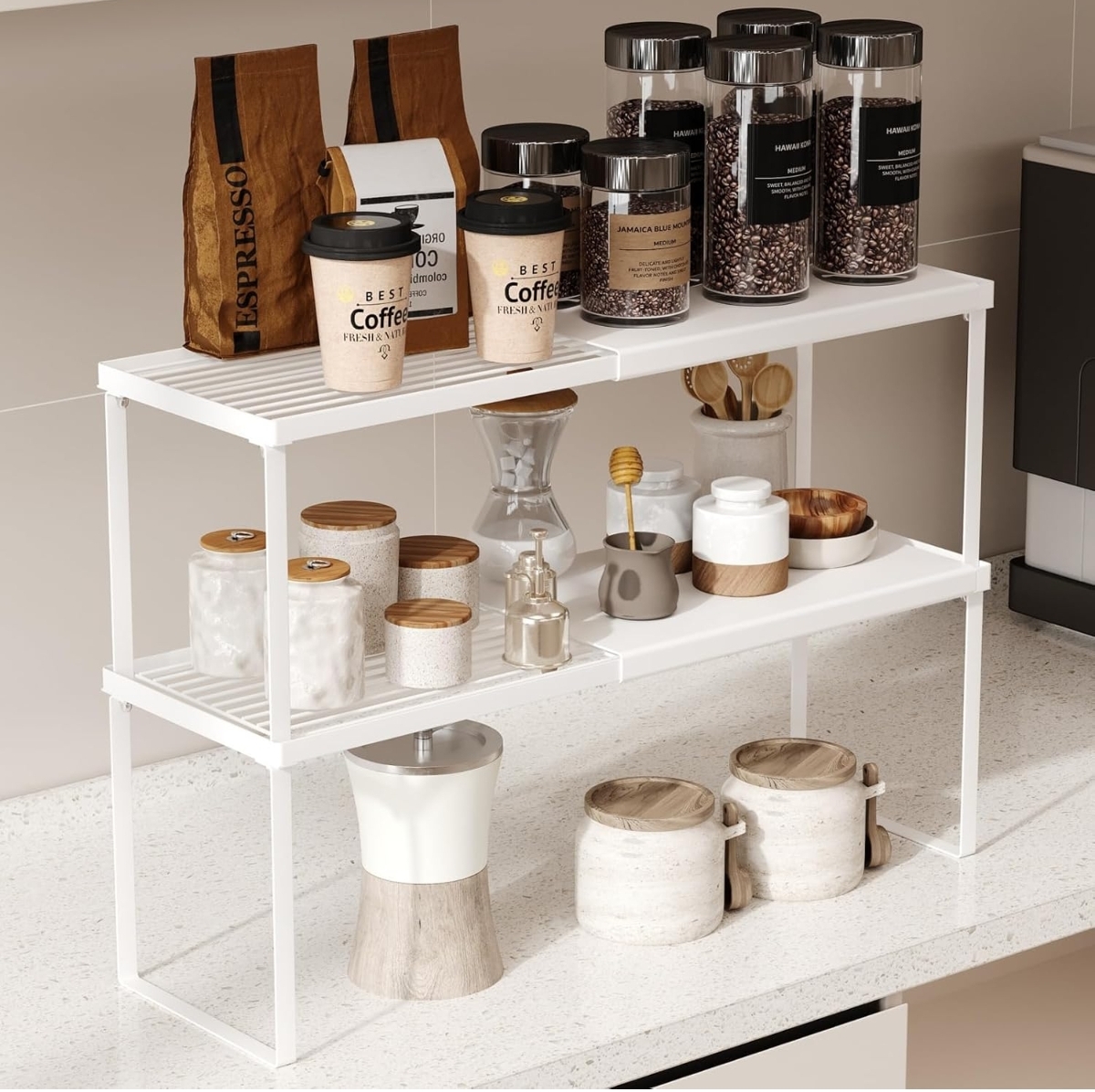 Small kitchen organization for rentals: expandable cabinet shelf riser doubling storage space
