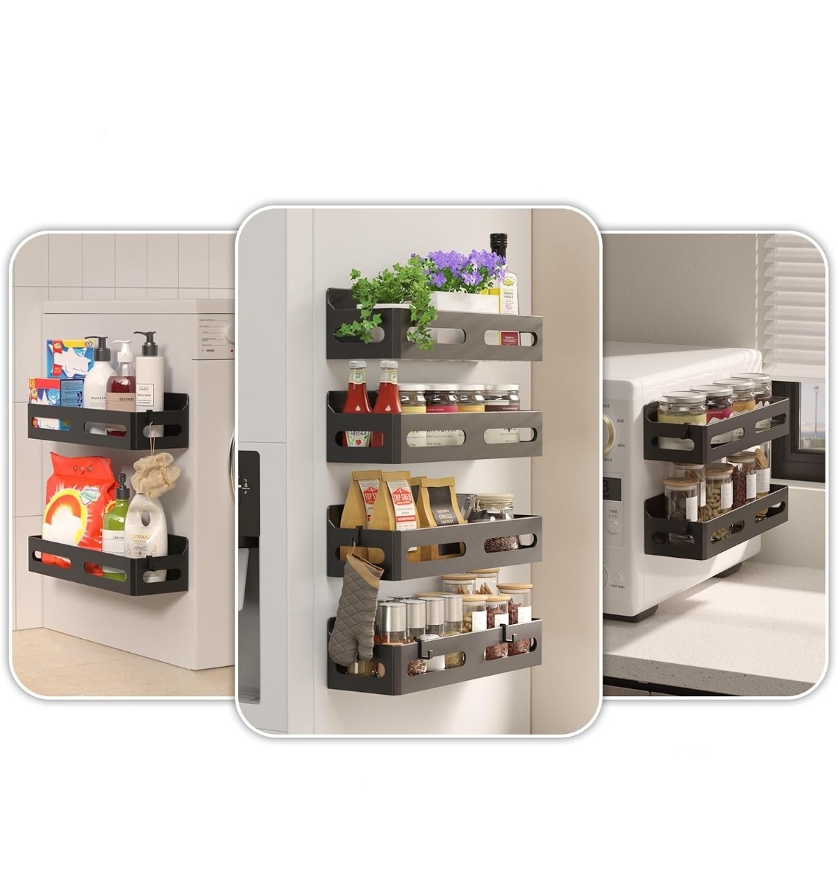 4-pack magnetic spice rack with hooks attached to a refrigerator side in a small kitchen