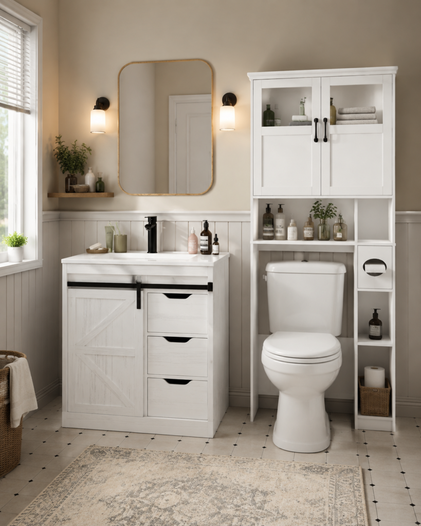 A modern farmhouse bathroom makeover using a compact vanity and an over-the-toilet storage cabinet to maximize storage.