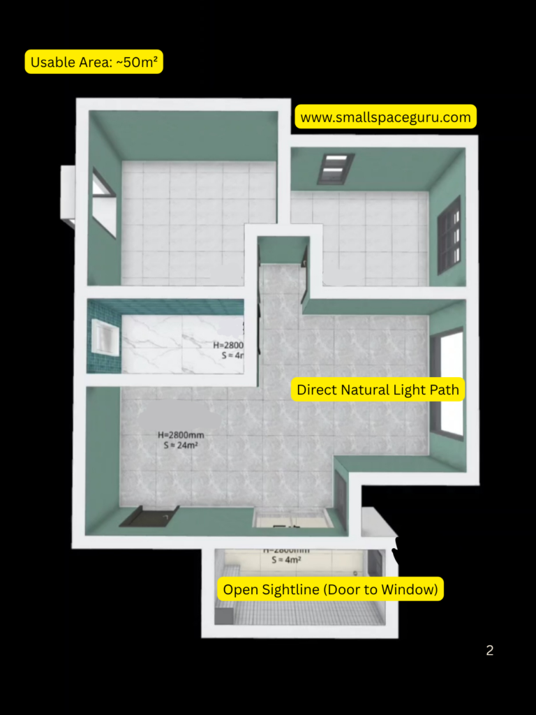 3D floor plan layout of a modern 2-bedroom apartment under 50m2 with open living area